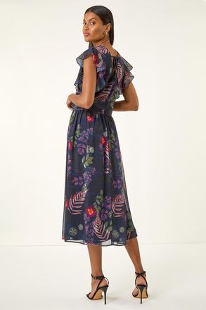 Roman Floral Print Frill Midi Dress