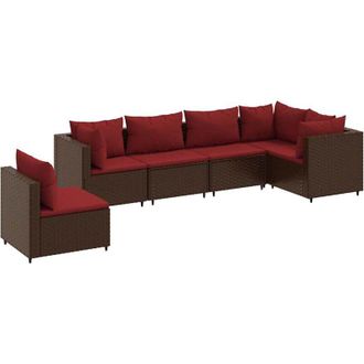 vidaXL Set Muebles De Jard&iacute;n 6 Piezas Y Cojines Rat&aacute;n Sint&eacute;tico Marr&oacute;n Vidaxl