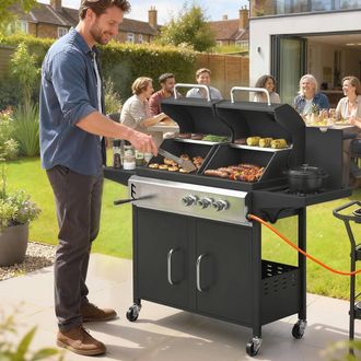 OUTSUNNY 3 Burner Hybrid Dual Fuel BBQ Gas Grill with Side Burner, Black