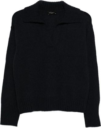 Roberto Collina V-Neck Wollen Polo - Dames - V-hals truien - Blauw - M - Wol - Truien & Vesten