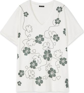 Fiorella Rubino Viscose T-shirt met Bloemendruk en Borduurwerk - Dames - T-shirts - Wit - S - Polyester - Tops