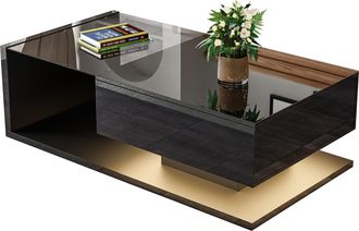 STILVORA Mesa De Centro Con Tablero De Vidrio Templado Y Estante, Led 16 Colores Regulable, Negro Brillo, 105&times;55&times;32,5 Cm
