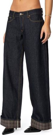 Edikted Plaid Cuff Wide Leg Jeans in Blue at Nordstrom, Size X-Large