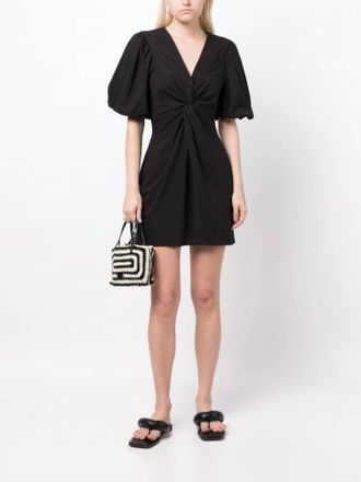 Cinq &agrave; Sept Bette V-Neck Poplin Puff Sleeves Mini Dress In Black
