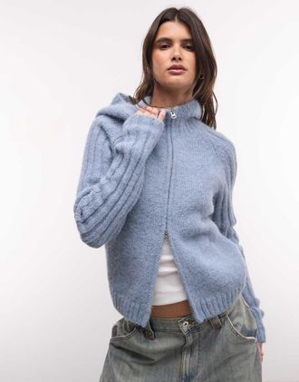 Weekday cardigan in misto lana con zip e cappuccio, blu m&eacute;lange