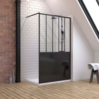 Aurlane Pack Mampara 120x200 Cm Negro Mate + Plato Rectangular Blanco Efecto Piedra