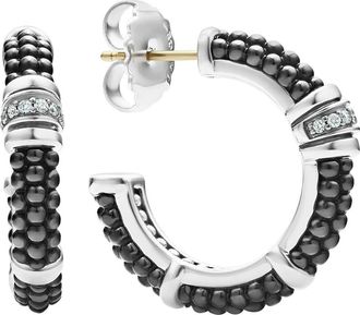 Lagos Black Caviar Diamond Hoop Earrings in Silver/Black Ceramic/Diamond at Nordstrom