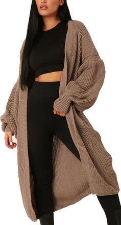 Generic Women Balloon Sleeve Knitted Open Front Long Cardigan Ladies Oversize Sweater Coatigan UK Size 8-16 (as8, Numeric, Numeric_16, Regular, Regular, Mocha
