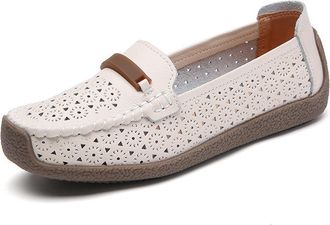 Generic Womens Breathable Hollow Out Penny Loafers Comfort Round Toe Soft Sole Lightweight Casual Flats Shoes (Beige,5.5)