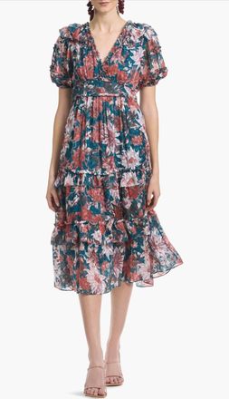 Sachin & Babi Veronica Floral Tiered Dress In Teal/guava Lily