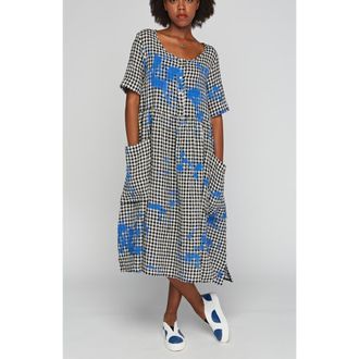 Luukaa D'Celli Zane Checkered Gauze Linen Dress in Blue at Nordstrom, Size 14