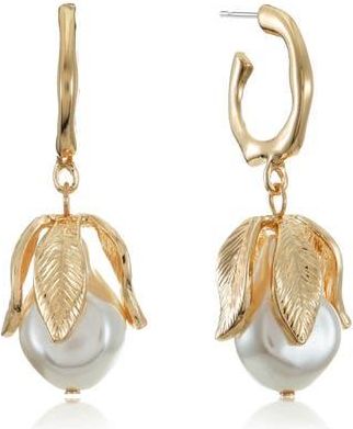 Ettika Faux Pearl Blossom Drop Hoop Earrings in Gold at Nordstrom Rack