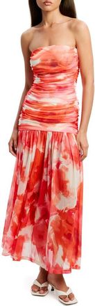 Bardot Solana Blurred Floral Drop Waist Mesh Maxi Dress in Pink Abstract at Nordstrom, Size 12