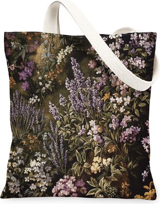 Generic Spring Aesthetic Lavender Canvas Tote Bag for Shopping 13x15, Vintage Flower Garden Reusable Grocery Print Bag for Women Men, Floral Wildflower Aesthe
