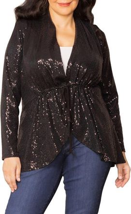 Kiyonna Glitz & Glam Sequin Tie Waist Jersey Jacket in Onyx at Nordstrom, Size 0X