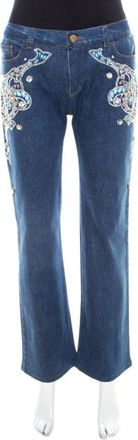 Roberto Cavalli Blue Crystal Embellished Denim Wide Leg Jeans