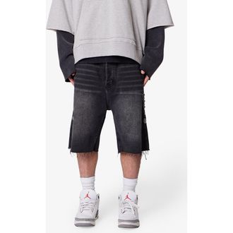 mnml Baggy Mojave Embellished Cutoff Denim Shorts in Black at Nordstrom, Size 28