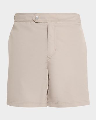 Brunello Cucinelli Mens Tabbed-Waistband Nylon Swim Shorts with Piping