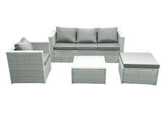 Fimous 5 Seater Rattan Garden Furniture Set with 3 Seater Sofa Chair Square Coffee Table Big Footstool Light Grey Mixed