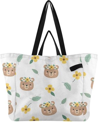 Generic Floral Bear White pattern Reusable Canvas Tote Bag, Heavy Duty Grocery Shopping Bag with Hard Bottom Double Handles Large Capacity Work Groceries Trav