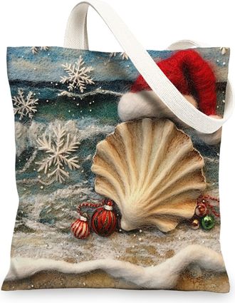 Generic Beach Christmas Nautilus Canvas Tote Bag for Shopping 13x15, Embroidery Coastal Sea Xmas Reusable Grocery Print Pattern Bag for Women, Holiday Beachy 