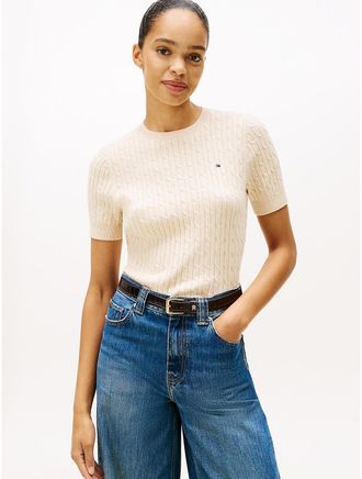 Tommy Hilfiger Womens Short-Sleeve Cable Knit Sweater - Beige - XXL