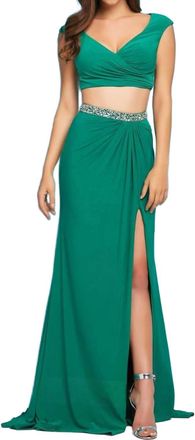 Mac Duggal Two-Piece Gown With High Slit In Emerald