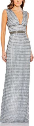 Mac Duggal Elegant Beaded Column Gown with Cap Sleeves & V-Neckline in Silver at Nordstrom, Size 16