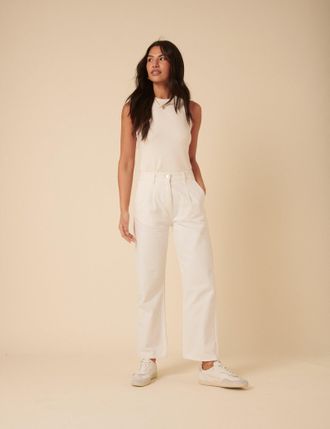 Nobody's Child Cream High Rise Pleated Straight Leg Jeans