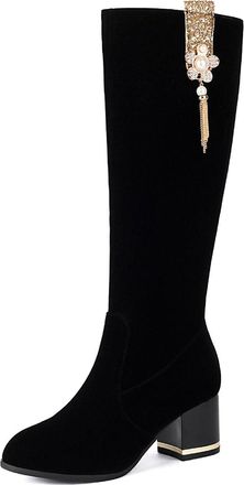 Generic Womens Faux Suede Long Boots with Rhinestone Tassel Round Toe Knee High Boots with Side Zipper Block Heel Party Prom Shoes,Black,6.5 UK