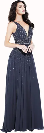 Jovani V Neck Chiffon Prom Dress In Charcoal