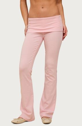 Edikted Ivanne Foldover Stretch Cotton Flare Pants in Pink at Nordstrom, Size X-Small