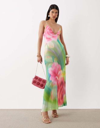 AFRM Rivka - Vestito lungo con scollo profondo in rete verde a fiori con body integrato-Multi