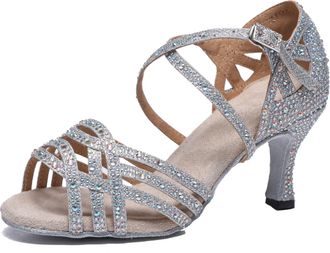 Miyoopark Womens Salsa Latin Dance Shoes with Rhinestones Wedding Evening Sandals L357 Silver 7.5cm Heel UK 4.5