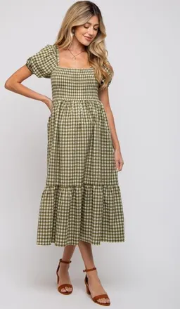 Pinkblush Gingham Smocked Midi Dress in Olive Green at Nordstrom, Size Medium