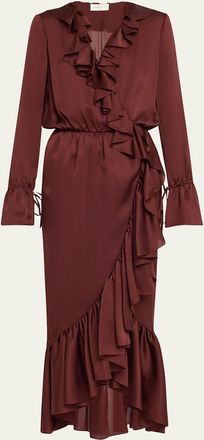 Saint Laurent Long Ruffle Trim Wrap Silk Dress