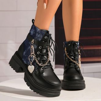 Generic Blue Ladies Motorcycle Boots with Thick Soled High Rise Design and Street Chain Feeling for Casual Outdoor Activities Multi Colored and Versatile