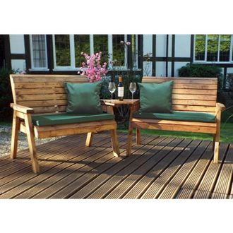 Charles Taylor Trading Charles Taylor - Wooden Twin Garden 2 Seater Bench Set Angled & Green Cushion