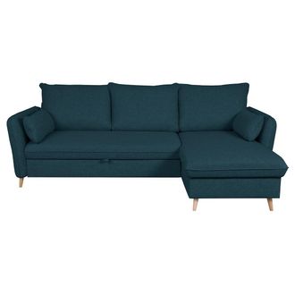 Miliboo Sof&aacute; Cama Con Chaise Longue 3-4 Plazas Con Canap&eacute; De Tela Azul Marino Y Madera Clara Driss