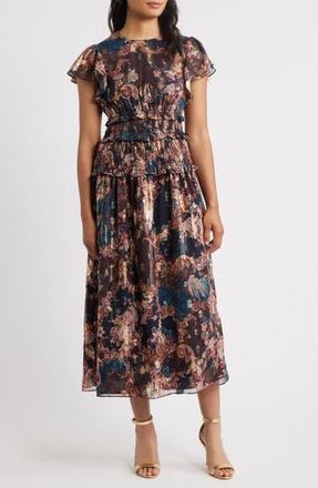 Eliza J Metallic Floral Flutter Sleeve Midi Dress in Navy Multi at Nordstrom Rack, Size 6