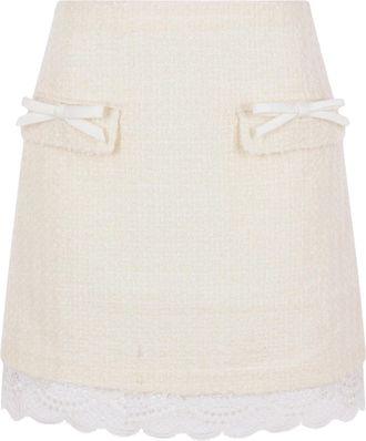 Self Portrait White Lace-Trim Boucle Midi Skirt