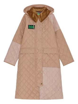 Ganni x Barbour quilted patchwork hooded coat - women - Fabric - 32 - Neutrals