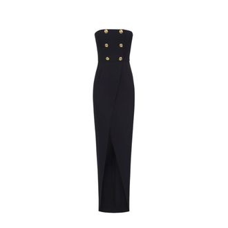 Elisabetta Franchi Maxi Dresses, female, Black, M, Black Monogram Satin Dress with Gold-tone Details
