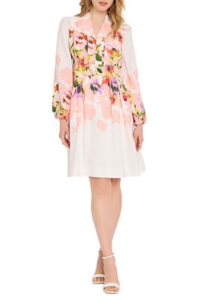 Tahari by ASL Belted Print Long Sleeve Dress in Ivory Blush at Nordstrom, Size 2