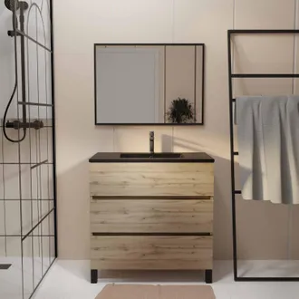 Aurlane Mueble De Ba&ntilde;o 80 Acabado Roble 3 Cajones - Lavabo Negro Y Espejo - Timber