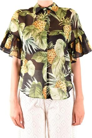 Twinset Zwarte Bloemen Katoenen Shirt - Dames - Overhemden - Veelkleurig - XS - Katoen - Overhemden