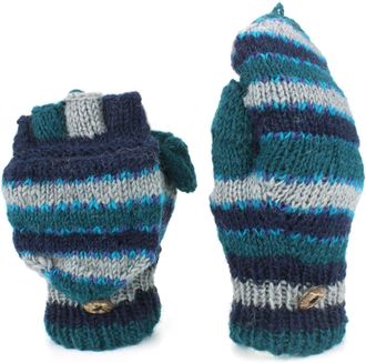 Loud Elephant Chunky Wool Knit Fingerless Shooter Gloves - Stripe - Blue & Green
