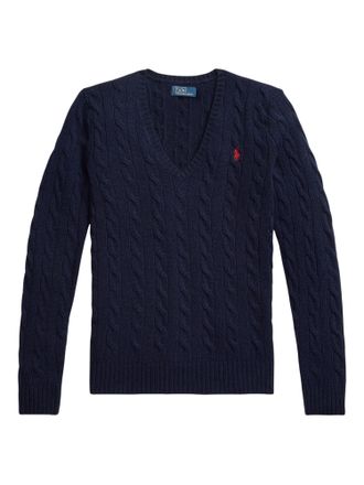 Polo Ralph Lauren Blue Cable-Knit Cotton Wool V-Neck Sweater