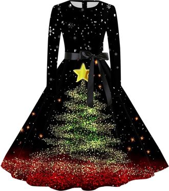 Generic Christmas Party Dresses for Women Multi Colored Vintage Printed Holiday Crew Neck Long Sleeve Cocktail Dress Christmas Shirts for Women Hristmas Dress