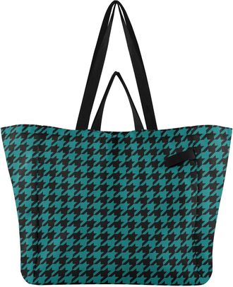 Generic Houndstooth Teal pattern Reusable Canvas Tote Bag, Heavy Duty Grocery Shopping Bag with Hard Bottom Double Handles Large Capacity Work Groceries Trave
